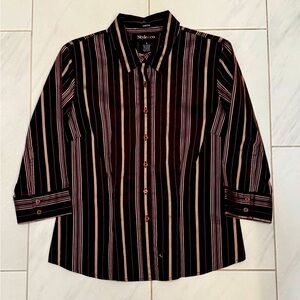 Brown 3/4 Sleeve Button Down Shirt w/ Pink Metallic Striping. Size 10.
